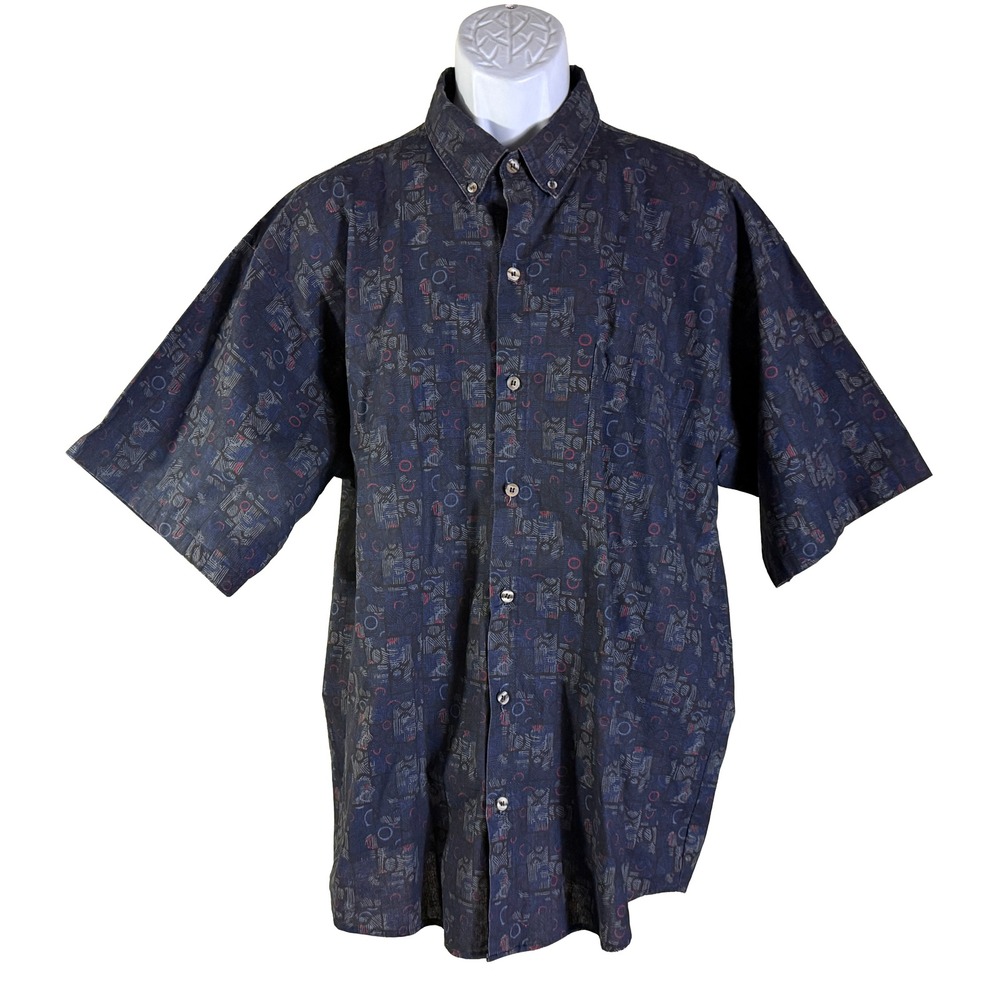 MAXX‎ FM Button Down Shirt Mens XL Blue Vintage 90s Abstract Cotton Short Sleeve